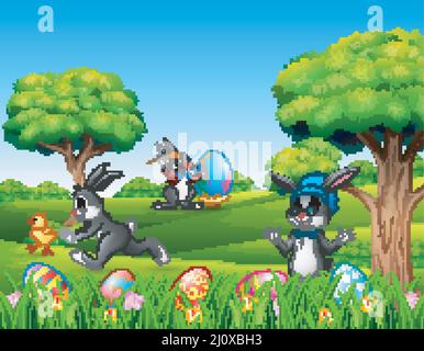 Easter bunnies and easter egg on the nature Stock Vector