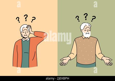 Unhappy old man and woman with question marks above head suffer from Alzheimer disease. Confused mature grandparents frustrated struggle with dementia. Brain problem. Vector illustration.  Stock Vector