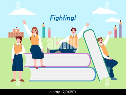 encouraging, motivating, cheering concept illustration vector of books and students Stock Photo