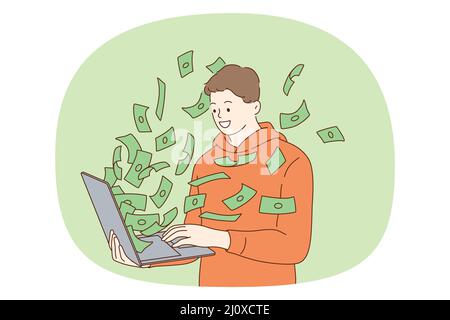 Making money and profit online concept. Young smiling man standing and looking at money cash flying from laptop screen vector illustration  Stock Vector