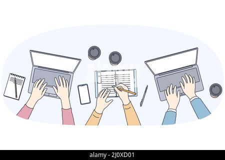 Teamwork and freelance work concept. Top view of human hands working on laptops together typing printing making notes with coffee vector illustration  Stock Vector