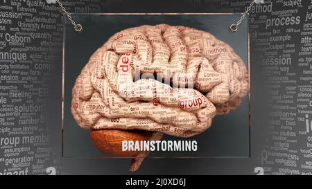 Brainstorming anatomy - its causes and effects projected on a human brain revealing Brainstorming complexity and relation to human mind. Concept art, Stock Photo