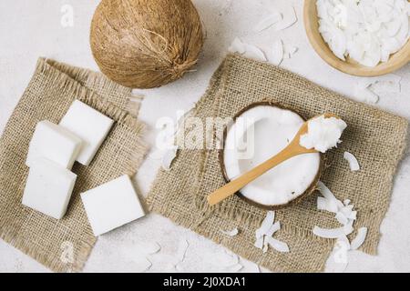 Top view coconut products sackcloth. High quality beautiful photo concept Stock Photo