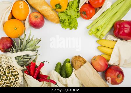 Top view fruit vegetables reusable bags. High quality beautiful photo concept Stock Photo