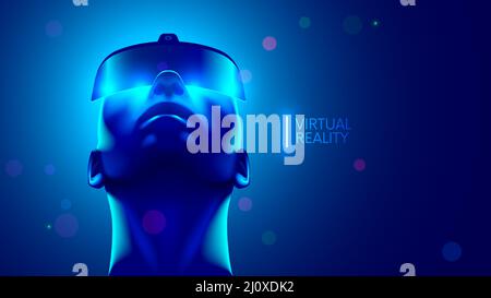 Afro american guy in futuristic virtual reality 3d headset or VR glasses looking up in virtual simulation. Augmented reality or AR helmet on head man Stock Vector