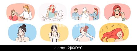 Set of woman daily facial skincare routine procedures. Bundle of female enjoy spa and cosmetology treatment. Beauty and skin care concept. Beautician and makeup. Vector illustration.  Stock Vector