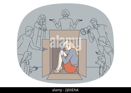 Bullying and public opinion concept. Young stressed woman hiding in box trying to het rid of people bullying and public opinion vector illustration  Stock Vector