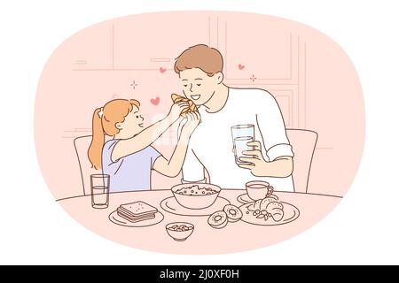 Having meal with family concept. Happy smiling father and daughter sitting and eating croissants and healthy breakfast together vector illustration  Stock Vector