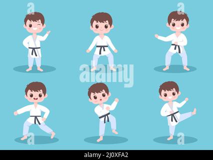 Cute Cartoon Kids Doing Some Basic Karate Martial Arts Moves, fighting Pose and Wearing Kimono in Flat Style Background Vector Illustration Stock Vector