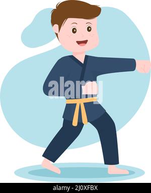 Cute Cartoon Kids Doing Some Basic Karate Martial Arts Moves, fighting Pose and Wearing Kimono in Flat Style Background Vector Illustration Stock Vector