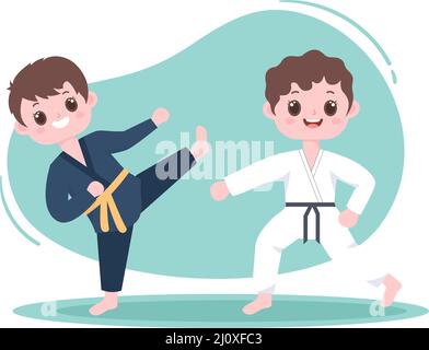 Cute Cartoon Kids Doing Some Basic Karate Martial Arts Moves, fighting Pose and Wearing Kimono in Flat Style Background Vector Illustration Stock Vector