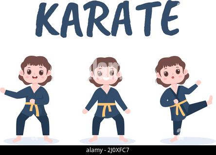 Cute Cartoon Kids Doing Some Basic Karate Martial Arts Moves, fighting Pose and Wearing Kimono in Flat Style Background Vector Illustration Stock Vector