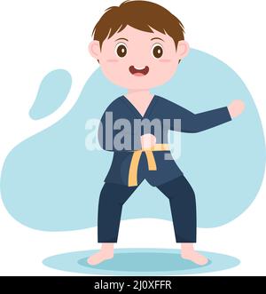 Cute Cartoon Kids Doing Some Basic Karate Martial Arts Moves, fighting Pose and Wearing Kimono in Flat Style Background Vector Illustration Stock Vector