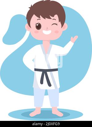 Cute Cartoon Kids Doing Some Basic Karate Martial Arts Moves, fighting Pose and Wearing Kimono in Flat Style Background Vector Illustration Stock Vector