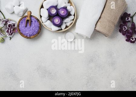 Top view spa towels candles with copy space Stock Photo