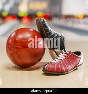 Red bowling ball bowling shoes. High quality beautiful photo concept Stock Photo