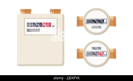 Gas meters. Automatic meter natural gas. Household or industrial measuring equipment in flat style. Fuel consumption control. Vector illustration Stock Vector