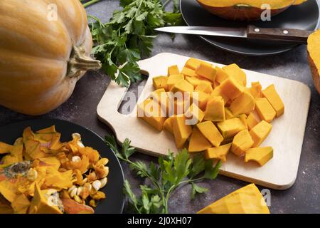 High angle arrangement with delicious pumpkin slices. High quality beautiful photo concept Stock Photo