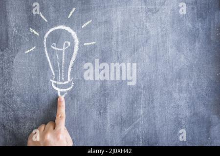 Finger pointing light bulb drawn with chalk chalkboard Stock Photo
