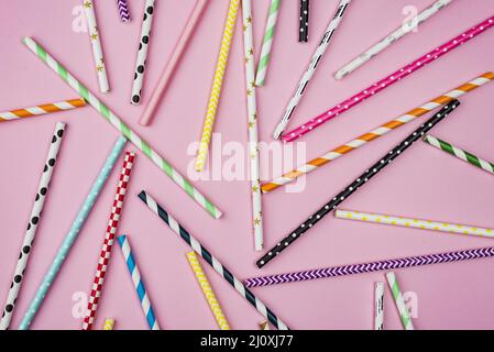 Top view arrangement colored paper straws. High quality beautiful photo concept Stock Photo