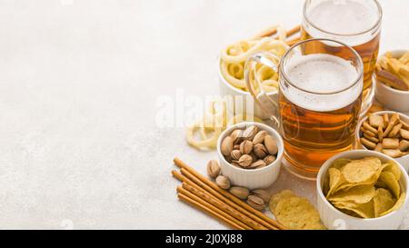 High angle beer snacks frame. High quality beautiful photo concept Stock Photo