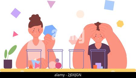 Children sorting geometric figures. Kids on logic lesson, choose right solution. Multitasking concept. Cartoon boy and girl thinking, working together Stock Vector