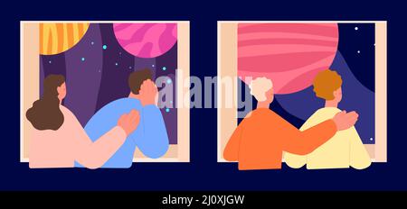 Couple dreaming together and look outside. Night dreams, support and communication. Universe in windows, people see in space planets, vector concept Stock Vector