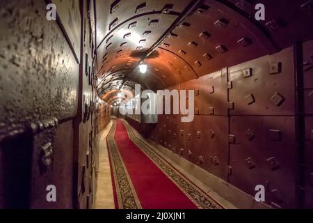 Moscow, Russia - March. 2013: Tunnel at Bunker-42, anti-nuclear underground facility of Soviet Union Stock Photo