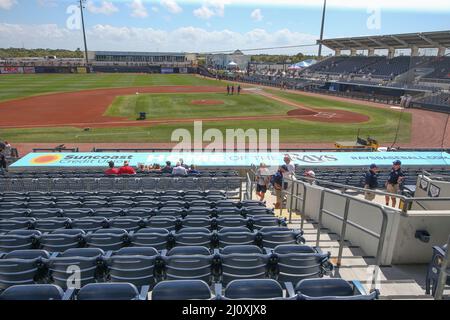 Port Charlotte, United States. 19th Mar, 2022. Port Charlotte, FL USA:  Atlanta Braves third baseman Vaughn Grissom (86) fields a ball at third and  throws to first during a spring training baseball