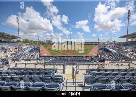 Port Charlotte, United States. 19th Mar, 2022. Port Charlotte, FL USA:  Tampa Bay Rays centerfielder Brett Phillips (35) catches a ball hit deep to  the outfield during a spring training baseball game