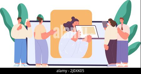 Business meeting online. People group look at woman on smartphone screen. Influencer or online marketing, vector management concept Stock Vector