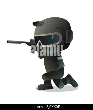 Special Forces Warrior Aim at target. Comic funny character. Helmet, mask and uniform. Isolated on white background. Vector Stock Vector