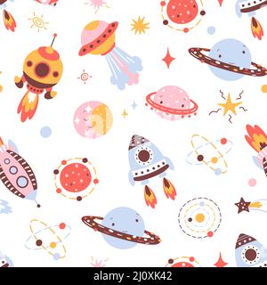 Kids space seamless pattern. Scandinavian universe kids background, ships and planets. Cartoon stars, comets and cosmos elements, nowaday vector Stock Vector