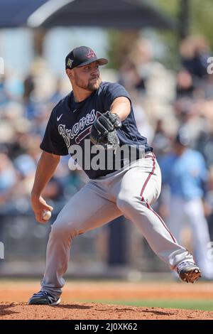 Port Charlotte, United States. 19th Mar, 2022. Port Charlotte, FL USA:  Atlanta Braves third baseman Vaughn Grissom (86) fields a ball at third and  throws to first during a spring training baseball