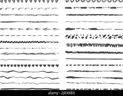 Doodle brush lines. Artist sketch line, freehand artistic brushes of ink pencil. Decorative textured strokes, charcoal scribbles and dividers Stock Vector