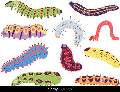 Spring caterpillars. Cartoon insect caterpillar, cute garden and forest wildlife animal. Doodle summer centipede, funny baby lavra decent vector set Stock Vector