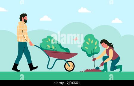 A family couple is planting a tree sapling. A man with a wheelbarrow, a woman digs the soil with a shovel. Caring for nature and ecology. Vector flat Stock Vector