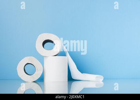 High angle stack with rolls toilet paper. High quality beautiful photo concept Stock Photo