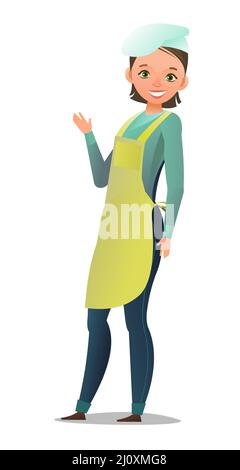 Female cook in overalls. Little Girl from kitchen in an apron. Cheerful person. Standing pose. Cartoon comic style flat design. Single character Stock Vector