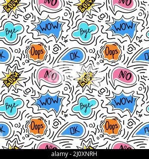 A seamless pattern of speech bubbles with dialog words, hand-drawn doodle-style elements. Boom, Oops, No, Okay, Wow. Vector illustration Stock Vector