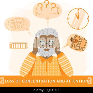 The concept of Alzheimer's disease. Cute elderly man with stress, anxiety, and memory problems. Colored man holding his head. Flat style vector illust Stock Vector