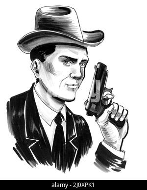 American gangster with a gun. Ink black and white drawing Stock Photo