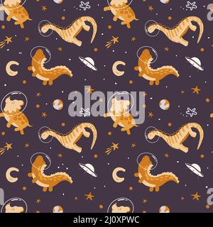 Seamless pattern of cute dinosaur astronauts. Vector in cartoon style. Dinosaur astronaut with planets, comets and stars around. Can be used for Stock Vector