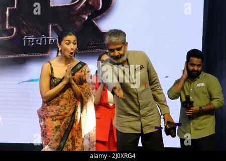 March 20, 2022, New Delhi, India: one of the Biggest of Indian Movie Star  NTR Junior,Ram Charan*, Bollywood Actress Alia Bhatt* one of the biggest director of Indian Cinema  *S.S.Rajamouli during the promotion of Much Awaited  Mega Budget Upcoming Movie of Indian Cinema RRR, releasing on 25th march 2022  (Credit Image: © Jyoti Kapoor/Pacific Press via ZUMA Press Wire) Stock Photo