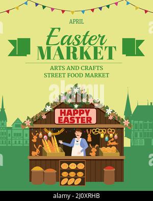 Easter Market poster, Holiday City Spring Fair, wooden stall decorated flowers, Seller, bakery, pastry, bread, bunny, cookies. Europe architecture Stock Vector