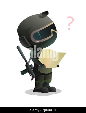 Special Forces Warrior looking for way on map. Comic funny character. Helmet, mask and uniform. Assault weapon with optical sight. Isolated on white Stock Vector