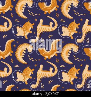 Seamless pattern of cute dinosaur astronauts. Vector in cartoon style. Dinosaur astronaut with planets, comets and stars around. Can be used for Stock Vector