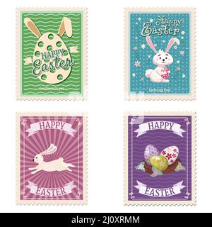 Set of Easter postal stamps, bunnies, eggs, retro graphic. Vintage collection Stock Vector