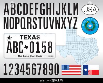 Texas state car license plate, letters, numbers and symbols, vector illustration, United States of America Stock Vector