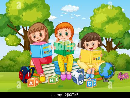 Children reading books in park background illustration Stock Vector